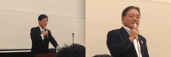 神野直彦 東京大学名誉教授（左）による記念講演と、石阪丈一 町田市長（右）の基調講演