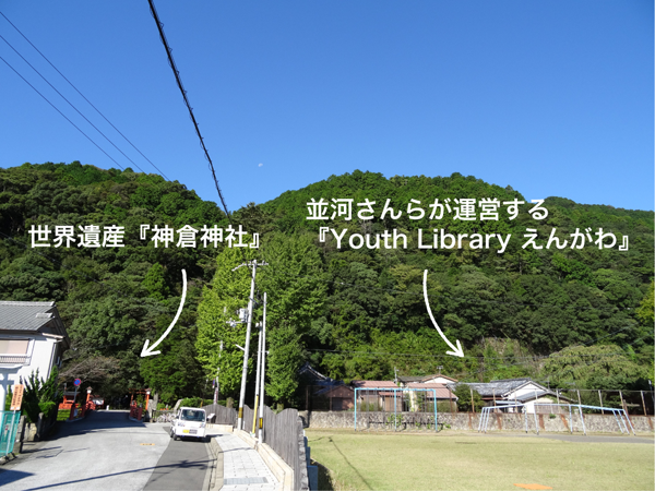 世界遺産の隣、徒歩10秒の場所に、泊まれる民間図書館『Youth Library えんがわ』はある。旅館業許可を取得し登録しているAirbnbを通じて外国人旅行者がやってくる。