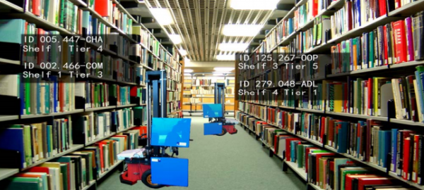 図書館の本データをスキャンする自律型ロボット