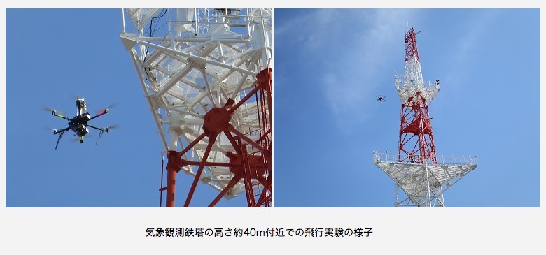 気象観測鉄塔の高さ約40m付近での飛行実験の様子