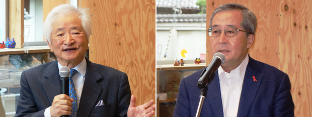 播磨靖夫・社会福祉法人わたぼうしの会理事長（左）、尾形武寿・日本財団理事長