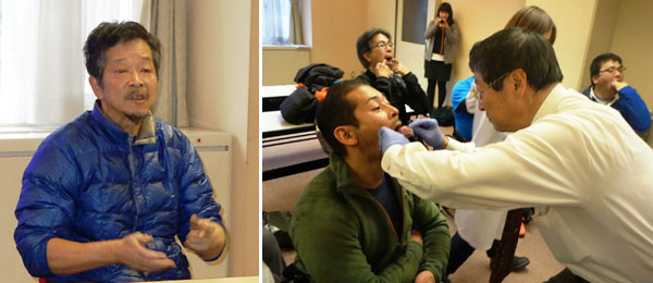 （左）あいさつをする日本障害者カヌー協会の吉田義朗会長、（右）歯型のかたどりの様子