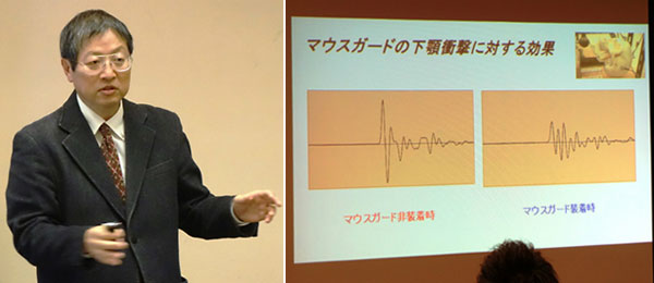 （左）歯科講話をする東京歯科大学の武田友孝准教授、（右）歯科講話の際に映しだされたスクリーン画面