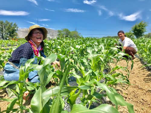 郡山市内の農園で農作業をする隼人さんと、奥さんの香織さん